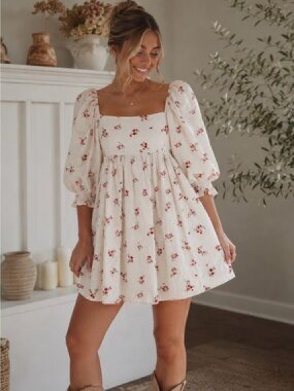 Altar’d State - Women’s Ivory Floral Square-Neck Babydoll Dress